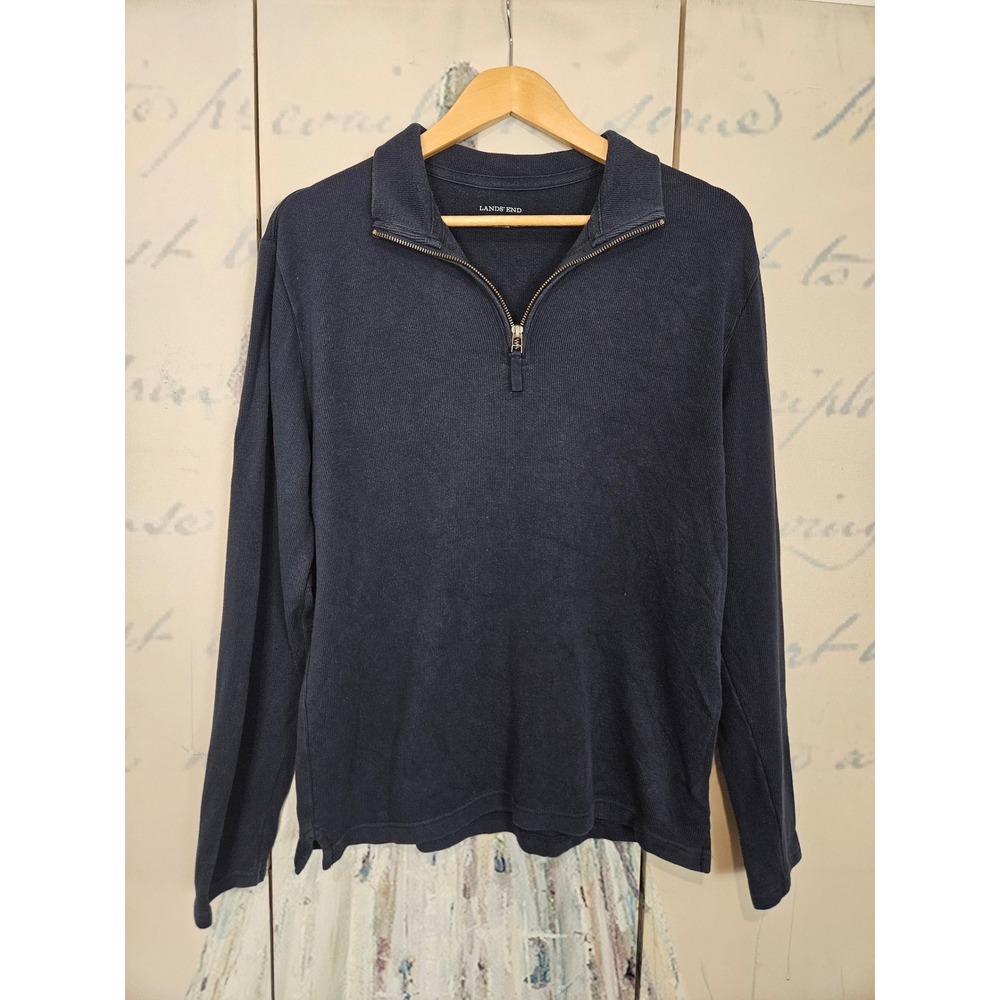 Lands End Quarter Zip Sweater Small‎ Navy Blue 100% Cotton Mock Neck Pullover